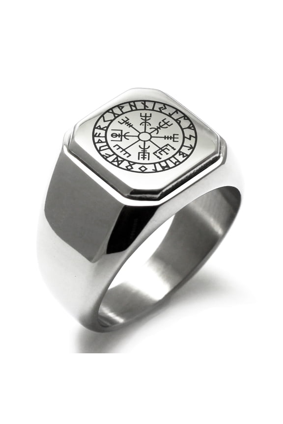 Stainless Steel Icelandic Vegvisir Viking Rune Engraved Square Flat Top Biker Style Polished Signet Ring