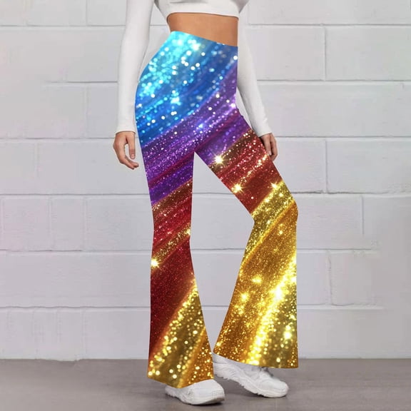 Gmdeguo Womens Casual Sparkly Sequin Pants High Waisted Wide Leg Palazzo Bell Bottom Dance Trousers Loose Pull On Comfy 70s Magic Glitter Disco Party Long Maxi Pants