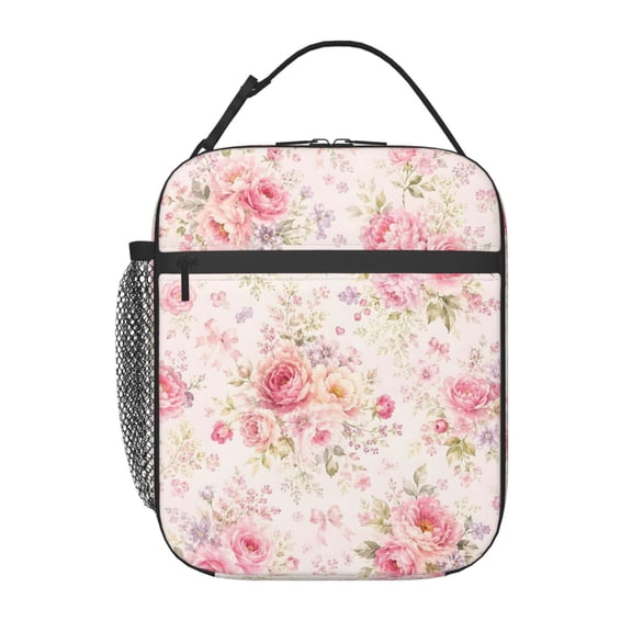 Pink Floral Rose Lunch Bag Reusable Thermal Lunch Box with Handle for Women and Men