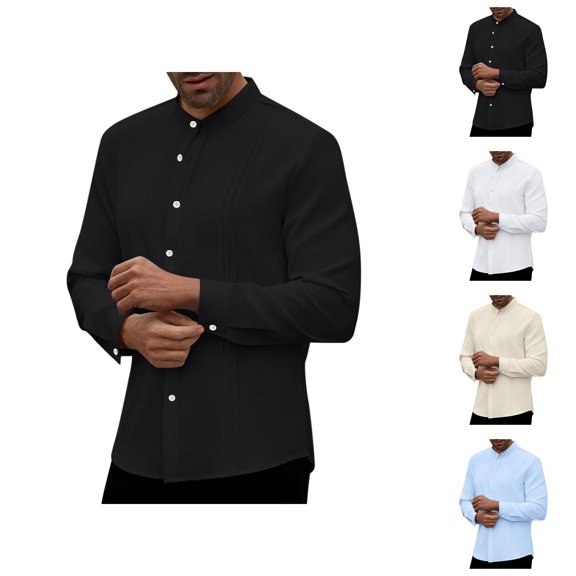 Long Sleeve Shirts for Men 2026 Spring Casual Lightweight Slim Fit Button Down Band Collar Plain Beach Shirt