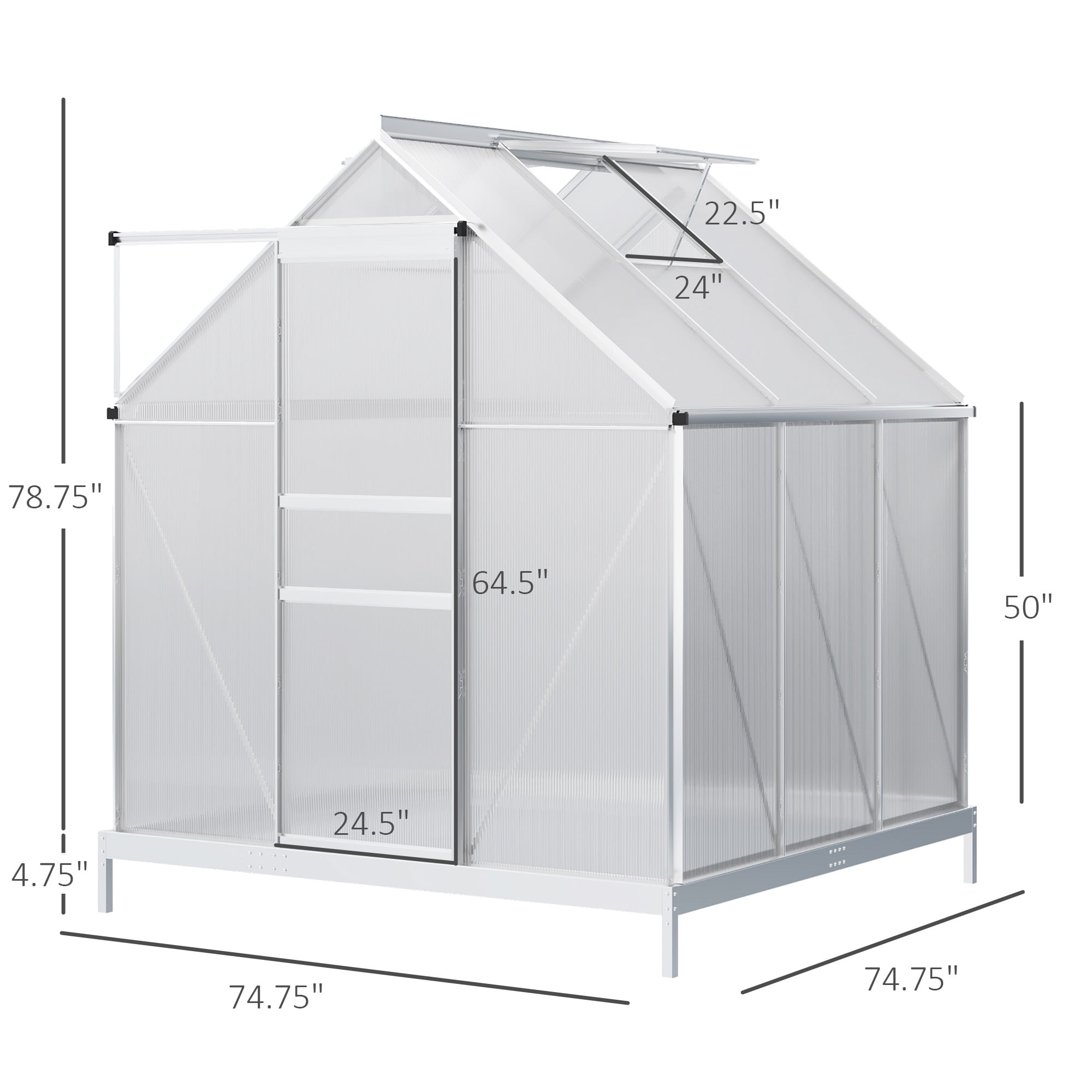 Outsunny 6'x6' Aluminum Greenhouse, Polycarbonate Walk-in Garden Greenhouse Kit, Adjustable Roof Vent, Sliding Door for Winter, Silver
