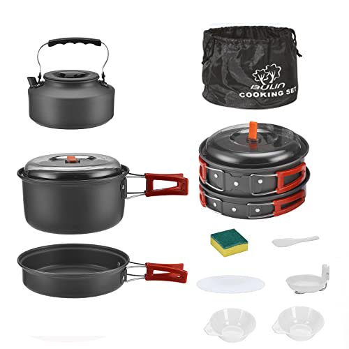 Bulin Camping Cookware Mess Kit, Backpack Portable Campfire Cooking Pots Pans Kettle Set, Lightweight Durable Cook Gear for Open Fire Hiking, Outdoor (BPA Free Bowls, Plates) ,12PCS