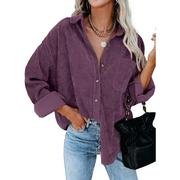 Sidefeel Women corduroy Long Sleeve Button Down Shirt Oversized Jacket Tops Small Purple