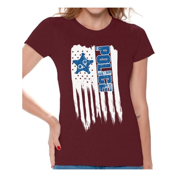 Awkward Styles American Flag Police Women Shirt USA Gifts Retro USA Police T shirt for Women 4th of July Gifts Pro America Police Women Tshirt Poud American 4th of July Police T-shirt for Women