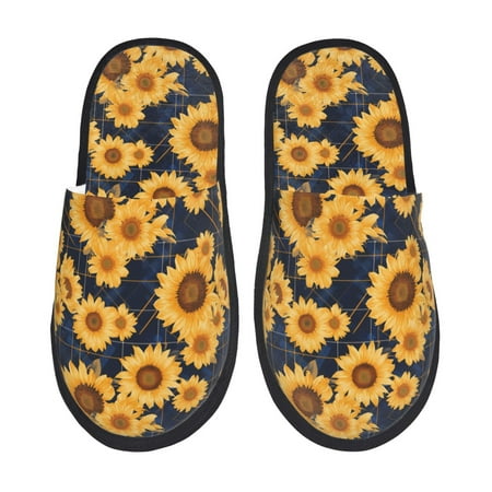 

Fuzoiu Navy Blue Plaid Sunflower Print Unisex Furry Slippers Plush Indoor Shoes Trendy House Slippers Anti-Skid EVA Sole House Shoes for Home Office and Travel -Medium