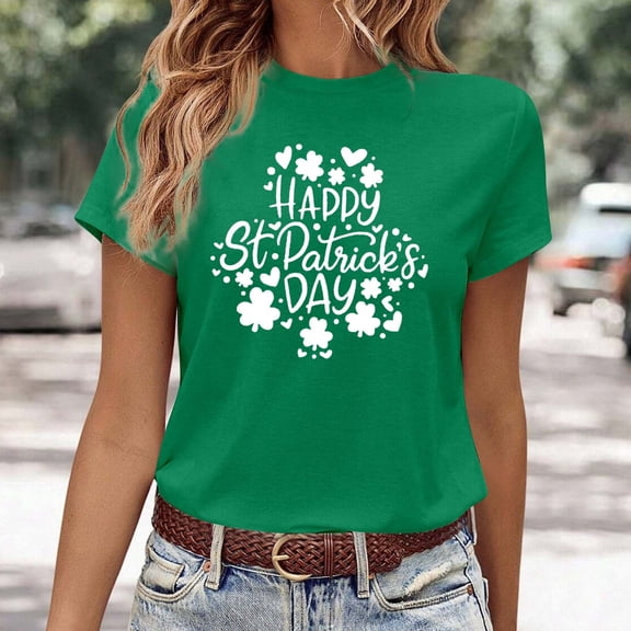 Shamrock Print T-Shirt Crew Neck Boys Graphic T-Shirt Green New Years Shirts for Girlfriend Summer Clothes (Green,XXL)
