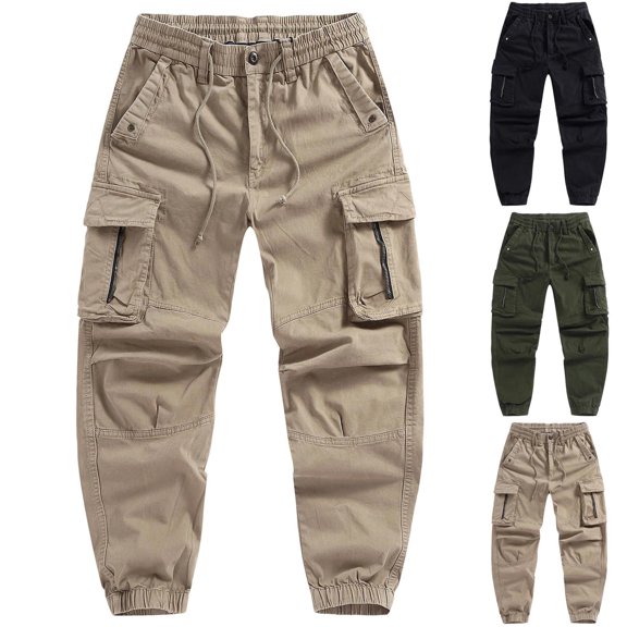 lcziwo Solid Color Pants Men Multiple Pockets Beach Relaxed Fit Drawstring Pants Holiday Classic Jogger Hiking Pants Khaki S