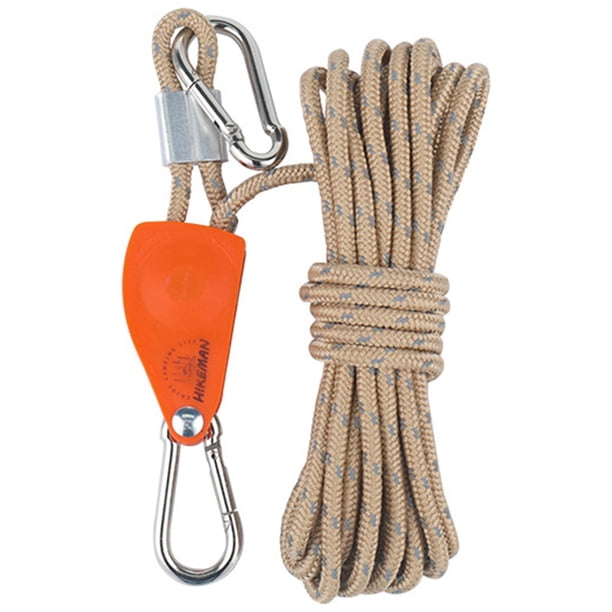 Polea de trinquete con colgador de cuerda, tensor antideslizante, engranajes metálicos reforzados, luz de cultivo 6mm 5m Caqui