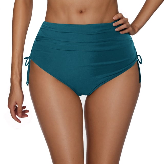 High Waisted Drawstring Pleated Swimsuit for Women, Nylon Spandex Blend, Removable Padded Bra, High Cut Leg, Solid Color, Beach Pool Swimming