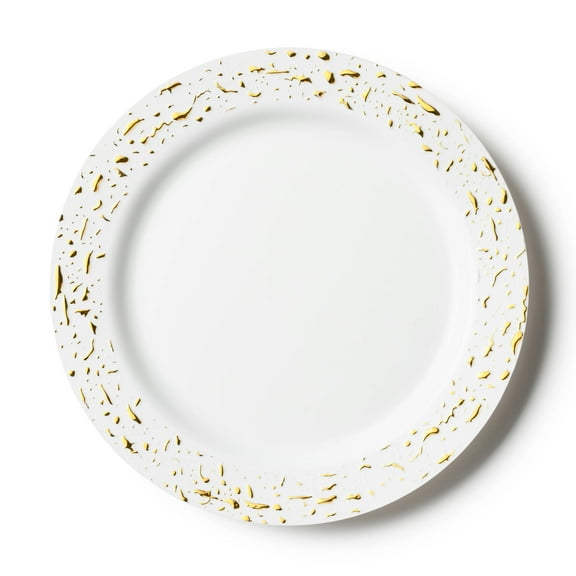 Pebbled Collection White & Gold 10.25" Round Dinner Premium Heavyweight Disposable Plastic for Elegant Parties, Weddings & All Occasions:10CT
