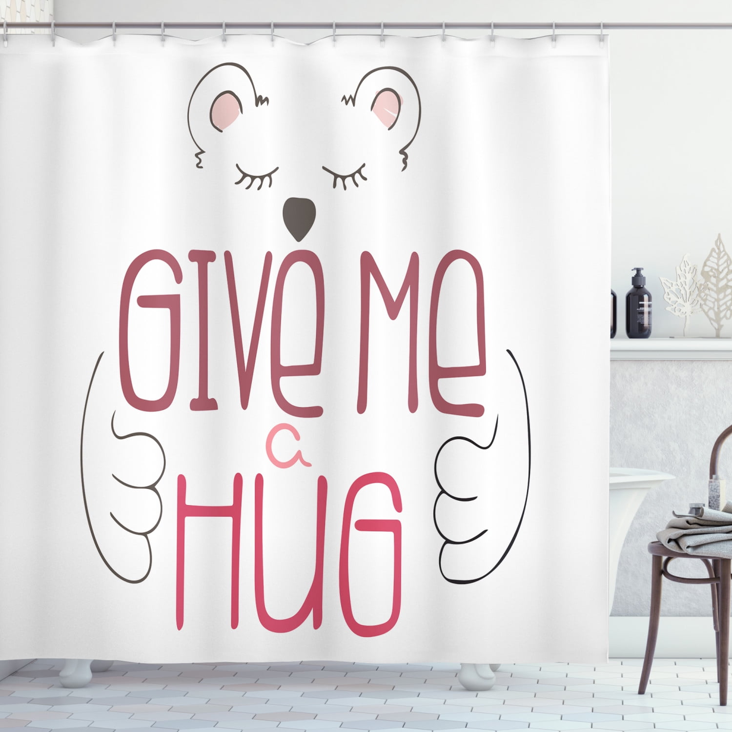 Hug Shower Curtain, Simple Drawn Bear Holding Give Me a Hug Typography
