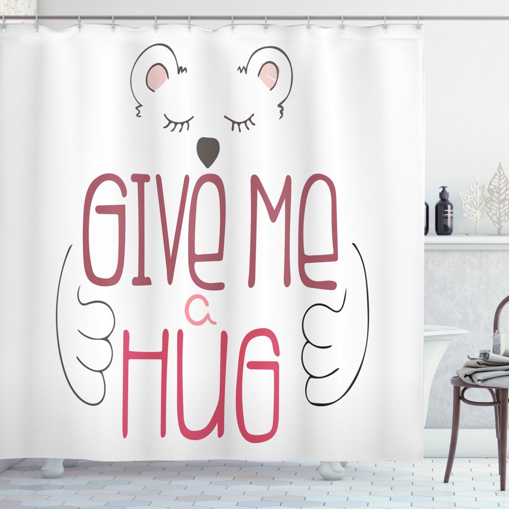 Hug Shower Curtain, Simple Drawn Bear Holding Give Me a Hug Typography