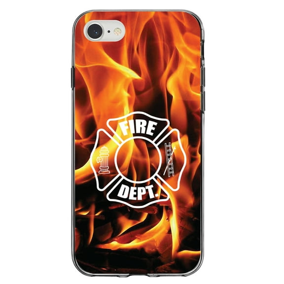 DistinctInk Clear Shockproof Hybrid Case for iPhone 7 8 SE (2020 Model) 4.7" Screen TPU Bumper Acrylic Back Tempered Glass Screen Protector - Flames Fire Department Maltese Cross - First Responders