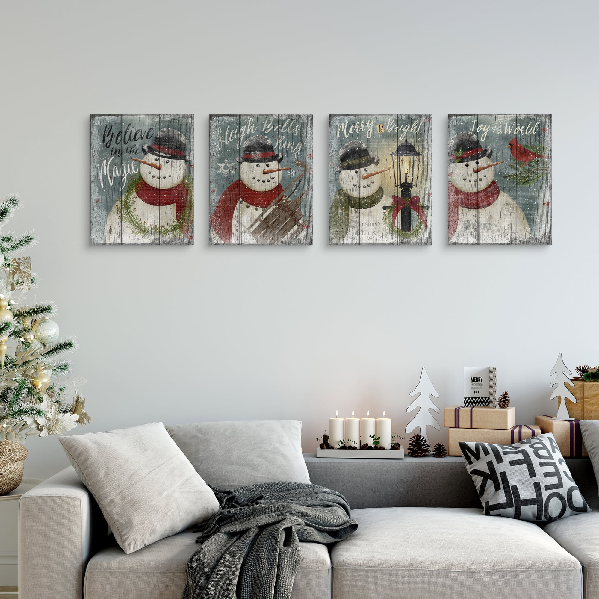Snowman Believe, Snowman Cardinal, Snowman Merry & Bright, Snowman Sleigh Bells by Beth Albert Holiday Christmas Canvas Art Print Set of 4