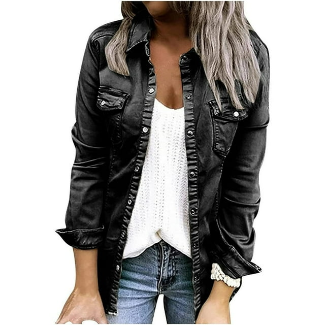 Fashion Womens Loose Solid Color Long Sleeve Denim Button Pocket Shirt Jacket