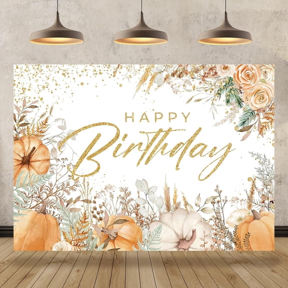 7x5FT Fall Happy Birthday Backdrop Autumn Pumpkin Floral Leaves Wildflowers Birthday Background Fall Happy Birthday Party Decoration Supplies Cake Table Banner Photo Studio Props