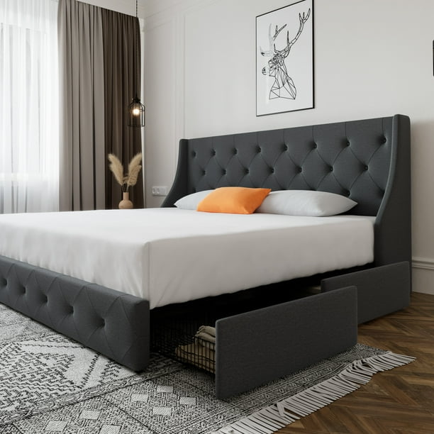 SHA CERLIN Upholstered King Size Platform Bed with 4 Storage Drawers