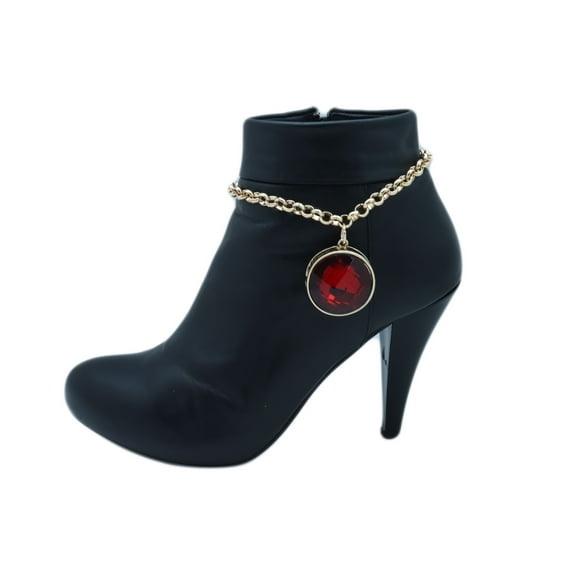 Women Gold Metal Boot Chain Bracelet Shoe Anklet Red Bead Charm