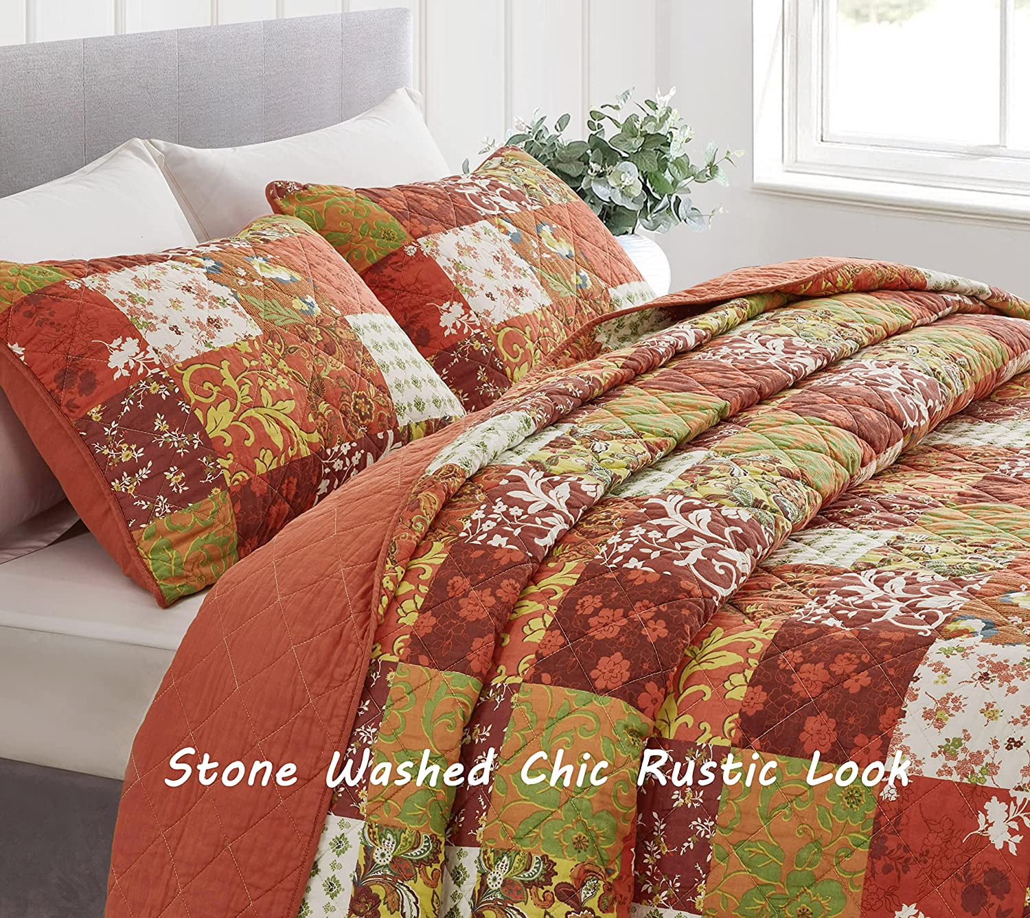 Chezmoi Collection Leilani 3-Piece Boho Washed Cotton Quilt Set Queen Size - Bohemian Quilted Bedding Orange Green White Floral Printed Patchwork Lightweight Bedspread Set for All Season