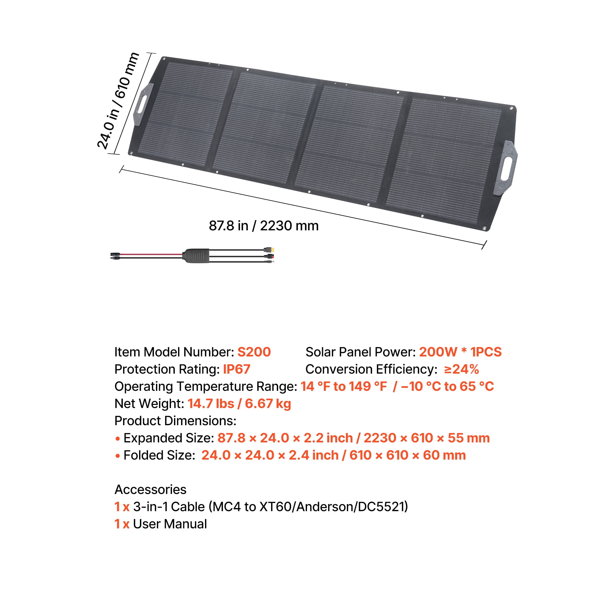 KFFKFF 200W Foldable Solar Panel, Portable Monocrystalline Charger with High-Efficiency Output, Multiple Ports (MC4, USB-A, Type-C, DC), IP67 Waterproof for Outdoor Use, Camping, and Hiking