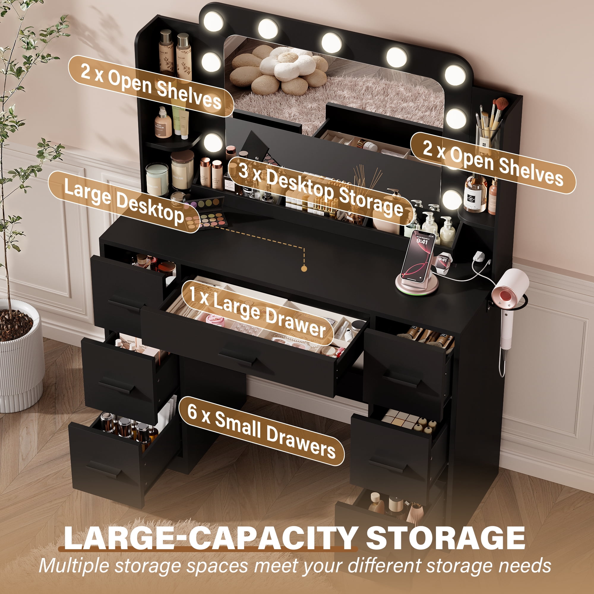 Lacoo Vanity Desk with Mirror & Lights, Makeup Vanity Set with 7 Drawers & Shelves, Vanity Table for Bedroom, Black