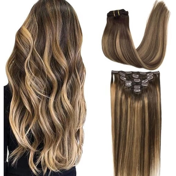 Clip In Hair Extensions Real Human Hair 12Inch 120g  Remy Human Hair Extensions Clip Ins Invisible Seamless Straight Human Hair Clip In Extensions 7 count Double Weft #4/27