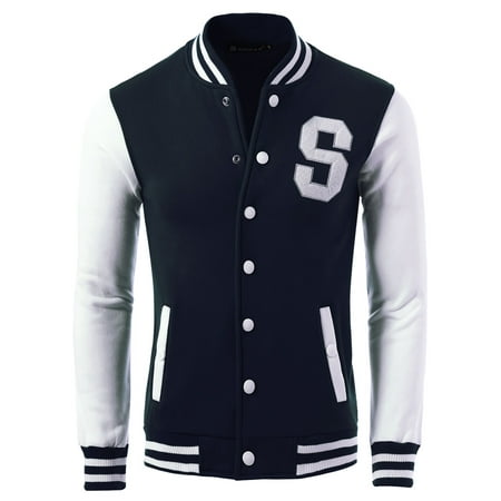 Azzuro Men's Long Sleeve Baseball Jacket with Ribbed Trim Blue (Size M / 40)