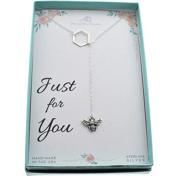 Sterling Silver Tiny Honeycomb Bee Charm Necklace. Lariat Necklace for Women. Bee Jewelry for Women
