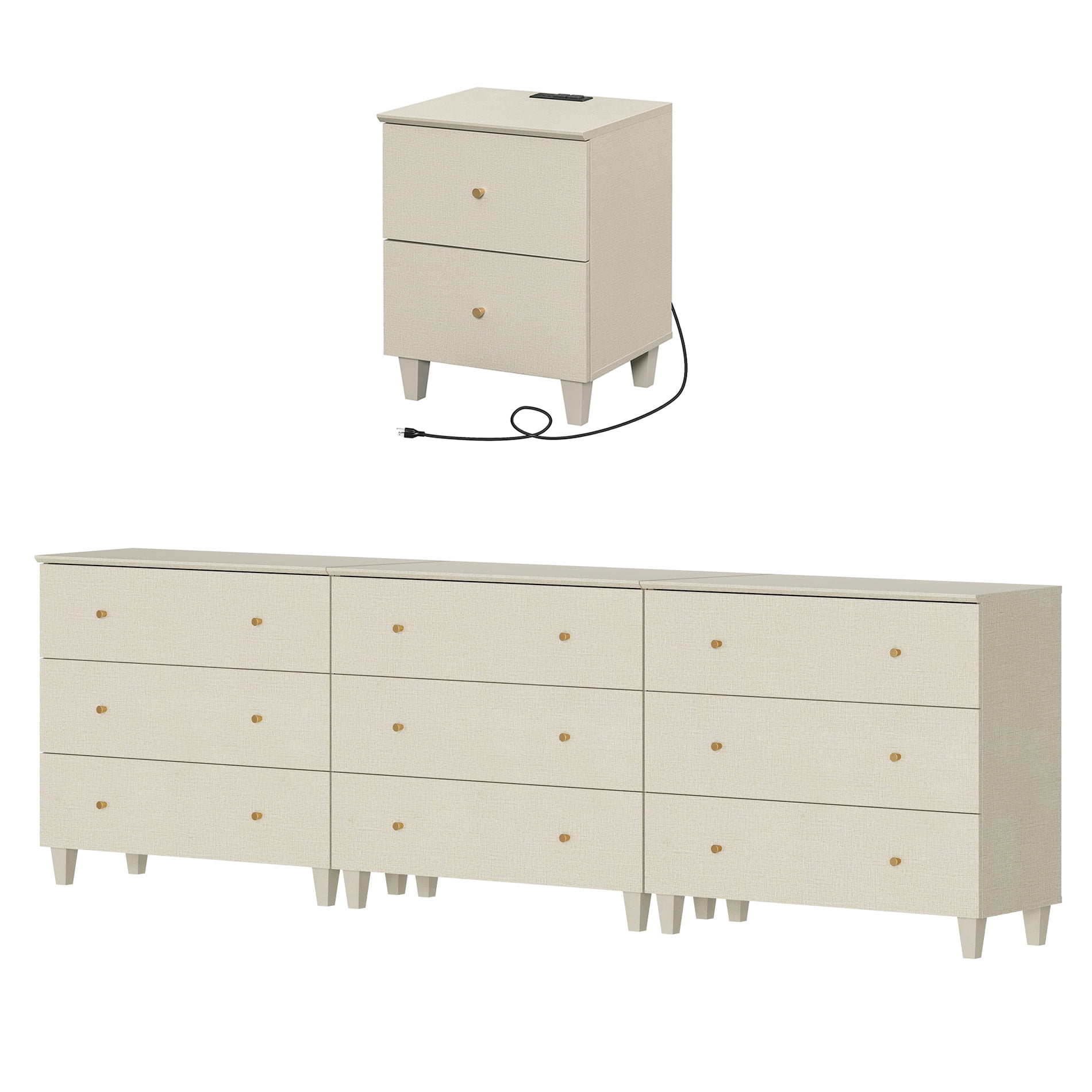 WAMPAT Dresser and Nightstand Set of 4, Wood Dressers with 9 Drawers, Nightstand with Charging Stations for Living Room, Beige Linen Printed