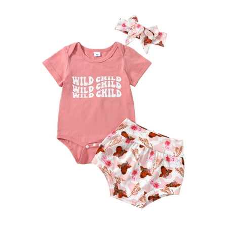 

Gwiyeopda Infant Baby Girls Clothes Sets 3pcs Letter Print Short Sleeve Romper Cow Head Print Shorts Bow Headband