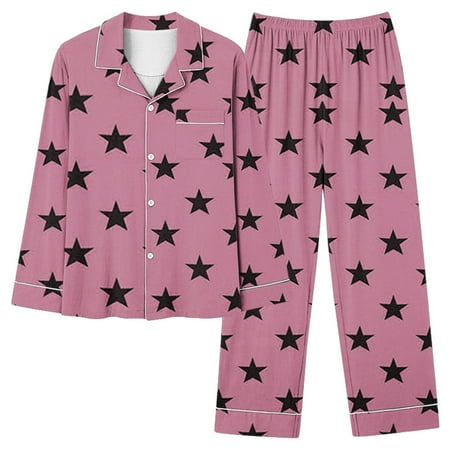 HNMKIU Women s Casual V-Neck Button-Down Pocket Long Sleeve Pajama Set with Star Print Design Pink XXL