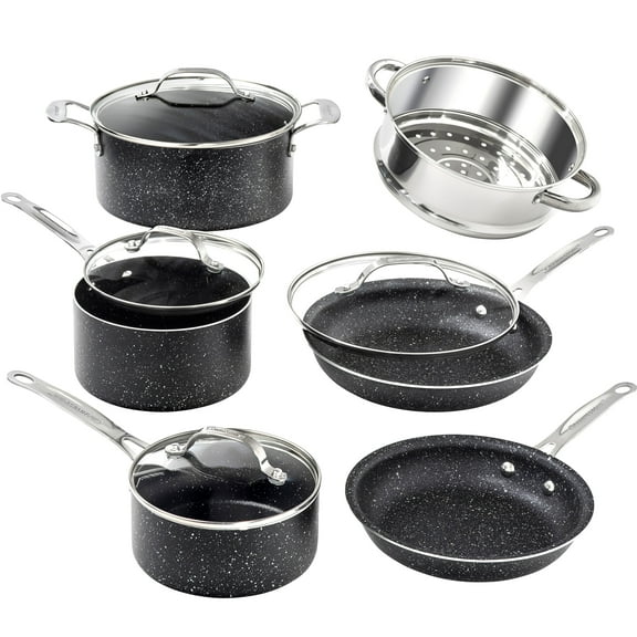 Granitestone Nonstick Pots and Pans 10 Piece Kitchen Cookware Set Cooking Frying Skillet Sauce Pan Stock Pot Black