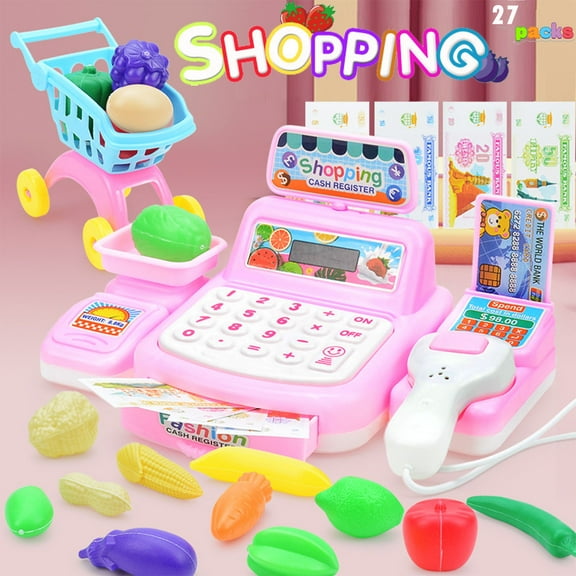 NimJoy Kids Toy Cash Register with Scanner, Play Food & Mini Shopping Cart Learning ABS Toy for Girls 3-6 Years Boys, Pretend Play Shopping Play Set Gifts to Toddlers