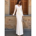 thumbnail image 6 of Womens Long Sleeve Maxi Dress Deep V Neck Ruched Bodycon Elegant Semi Formal Wedding Guest Dresses White M, 6 of 10