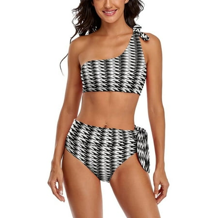 Black And White Ripple One Shoulder Bowknot Swimsuit Two Piece Swimsuit Knot Crop Top Bikini High Waisted Bathing Suit
