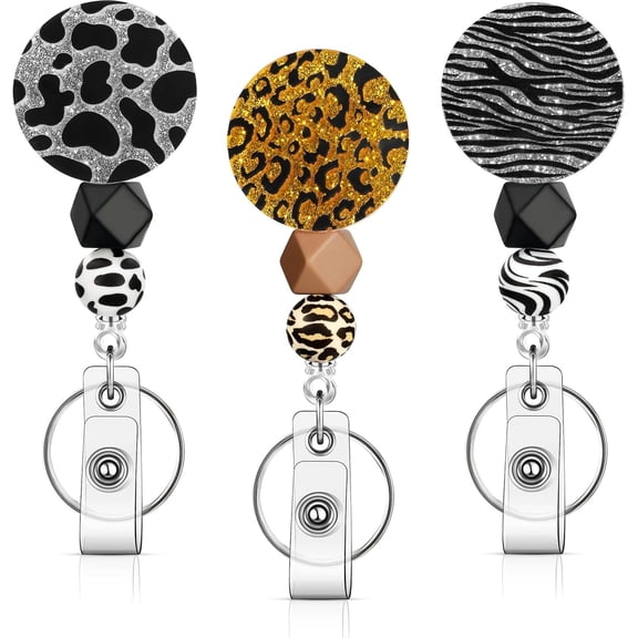 Badge Reel Round Retractable Holder with Bead for Nurse Teacher | 3 count retractable clip with bead,Leopard Round name Id clip with for Teacher Office Staff, Nurse accessories