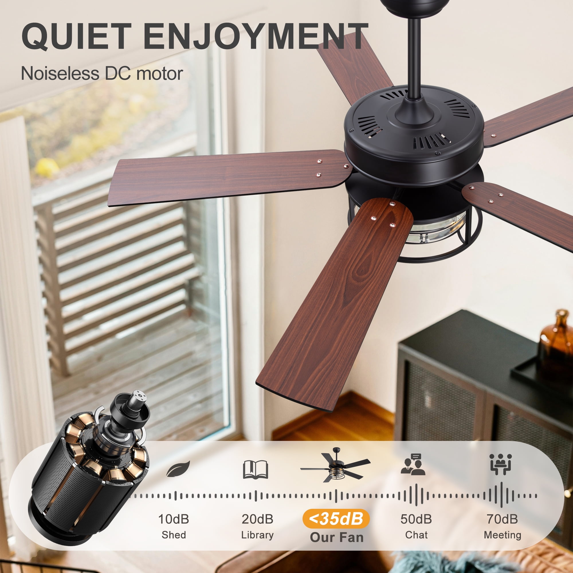 ALKAFY 52 inch Matte Black Traditional Ceiling Fan with Light - Remote, for Bedroom/Living Room/Kitchen