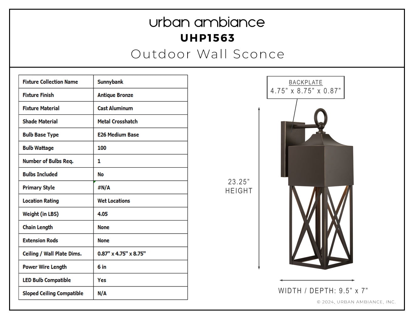 Luxury Modern Farmhouse Wall Sconce, Small Size: 23.25''H x 9.5''W, with Modern Rustic Style Elements, Antique Bronze Finish, UHP1563 from the Sunnybank Collection by Urban Ambiance