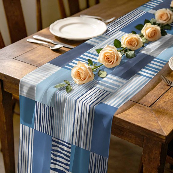Blue Stripes Blocks 10 ft Cheesecloth Table Runner for Wedding 27"x120", Abstract Coastal Patchwork Ticking Stripes Kitchen Dinner Sheer Tulle Chiffon Dresser Scarf, Holiday Party Decorations