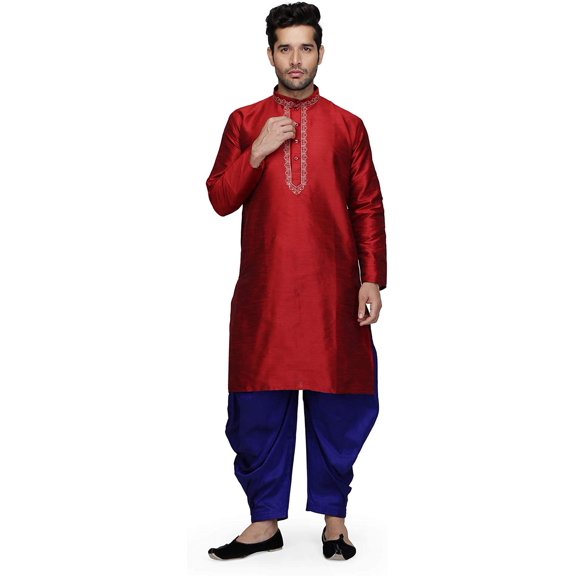 Royal Kurta Mens Silk Blend Kurta Salwar Set (44, Maroon-Blue)