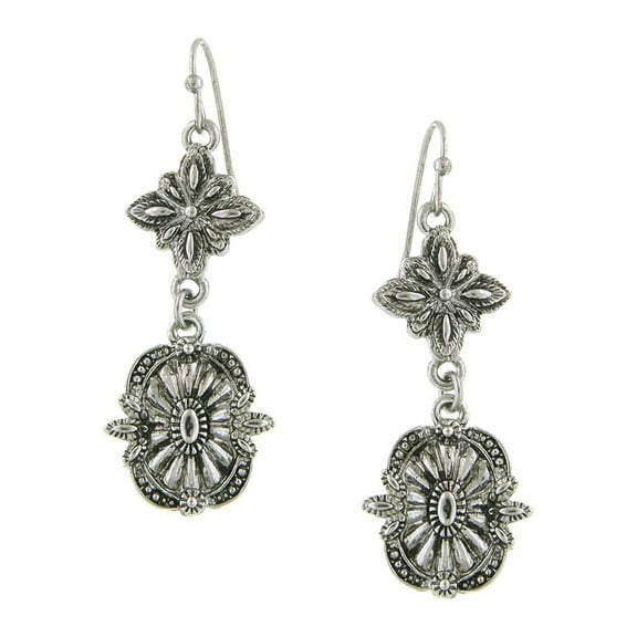 1928 Jewelry Tailored Double Starburst Accent Drop Earrings, Silver
