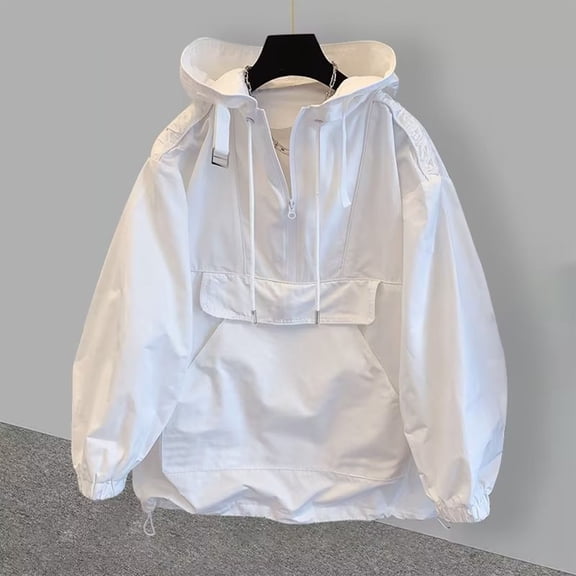 Ceisia Unisex Half Zip Hooded Windbreaker Oversized Big Pocket Drawstring Hem Loose Casual Pullover Jacket (White M) Gift