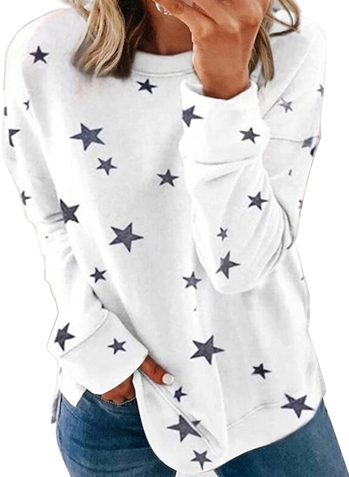 FARYSAYS Women Long Sleeve Crewneck Sweatshirt Side Split Pullover Tops Star Printed Sweatshirt for Women,S-2XL