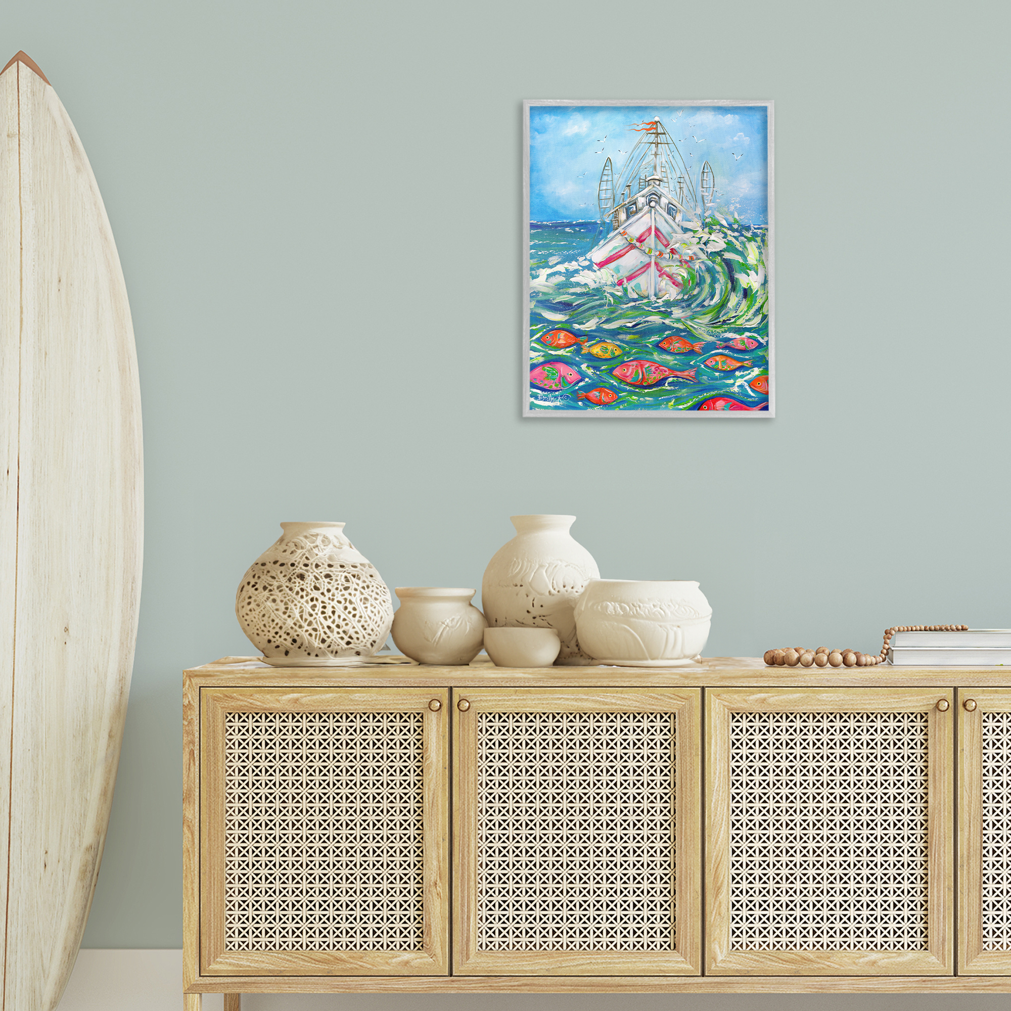 Stupell Industries Boat Net Splashing Transportation Painting Gray Framed Art Print Wall Art, 24 x 30