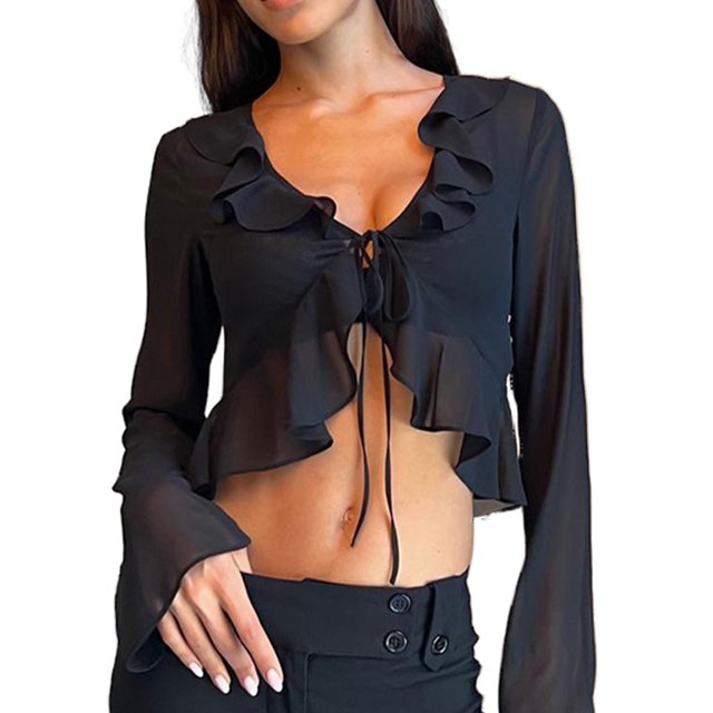 Camisetas Sin Mangas De Malla Camiseta informal con volantes, cuello en V profundo, manga larga, ropa de club (negro L) Ygjytge para Mujer Negro T XL