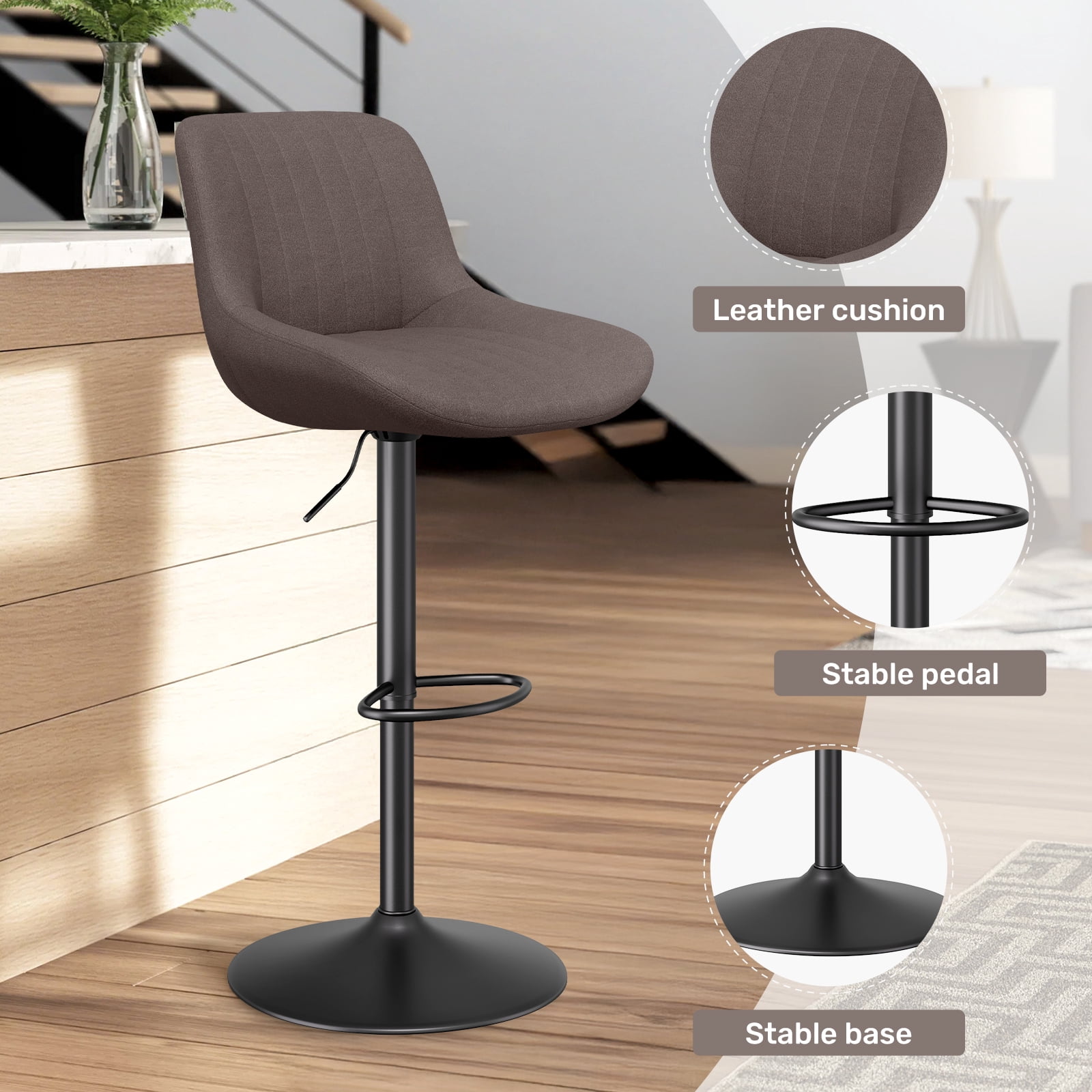 Daluvenix Adjustable Bar Stools Set of 2, Swivel Kitchen Bar Chairs with Back, Modern Tech Fabric Island Chairs for Home Kitchen, Brown