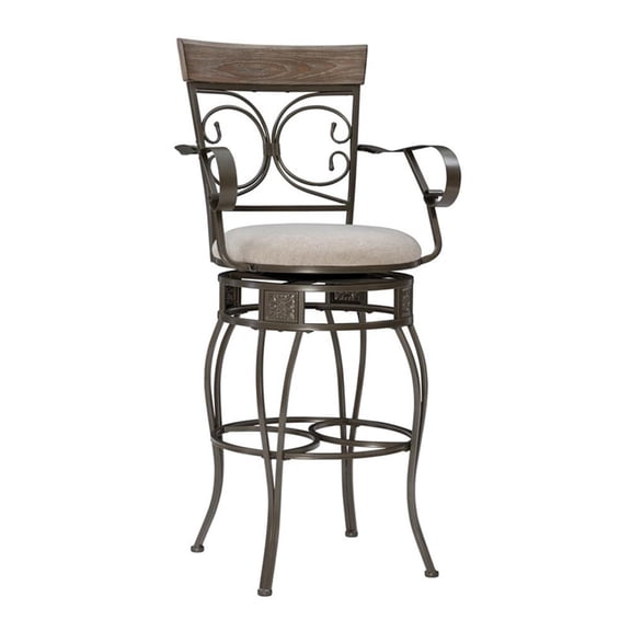 Linon Bryson Big And Tall Metal Arm Swivel Barstool Round Padded Seat in Pewter