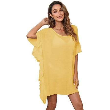 Kukuzhu Women Bathing Suit Cover Up Frill Beach Blouse Scalloped Dress See Through Bikini Swimsuit