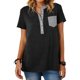 thumbnail image 1 of Camiseta con cuello redondo para mujer, camiseta de manga corta con cuello redondo y bloqueo de color con bolsillo, color negro M, 1 of 6