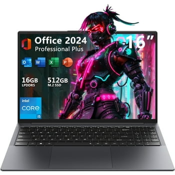 16" Laptop Computer,Intel Core i5,16GB RAM 512GB SSD,Windows 11 Pro Notebook PC,MS Office 2024,100% sRGB Color Gamut FHD Display,Dual Band Wi-Fi,Webcam